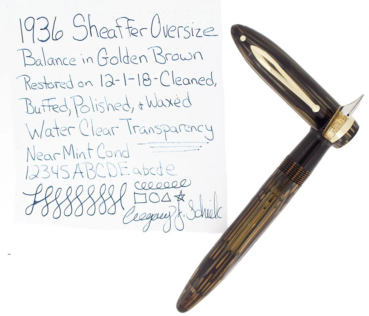 1936 SHEAFFER OVERSIZE GOLDEN PEARL BALANCE FOUNTAIN PEN RESTORED NEAR MINT
