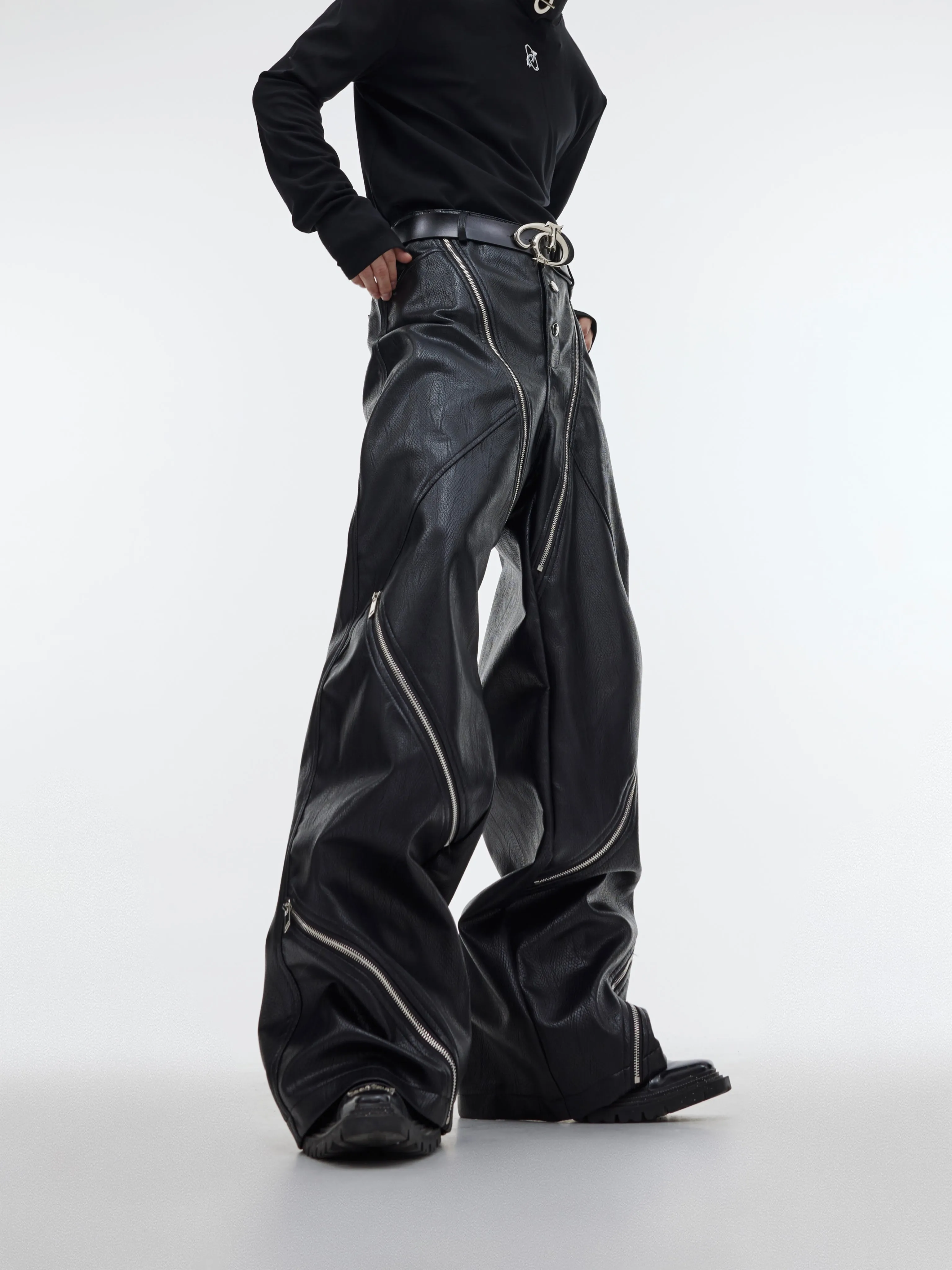 【23s October.】Snake Print Zipper Design Pu Leather Pants