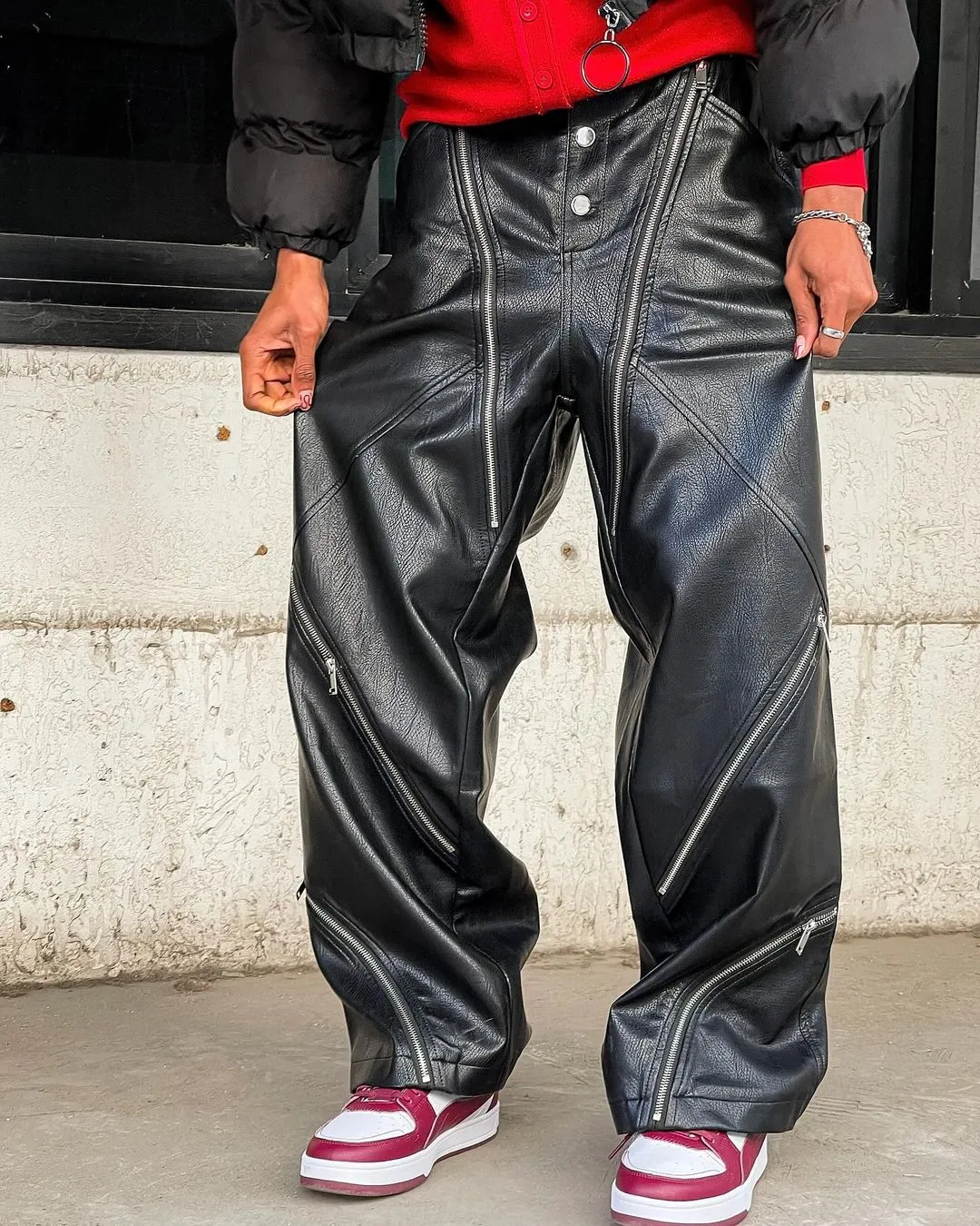 【23s October.】Snake Print Zipper Design Pu Leather Pants
