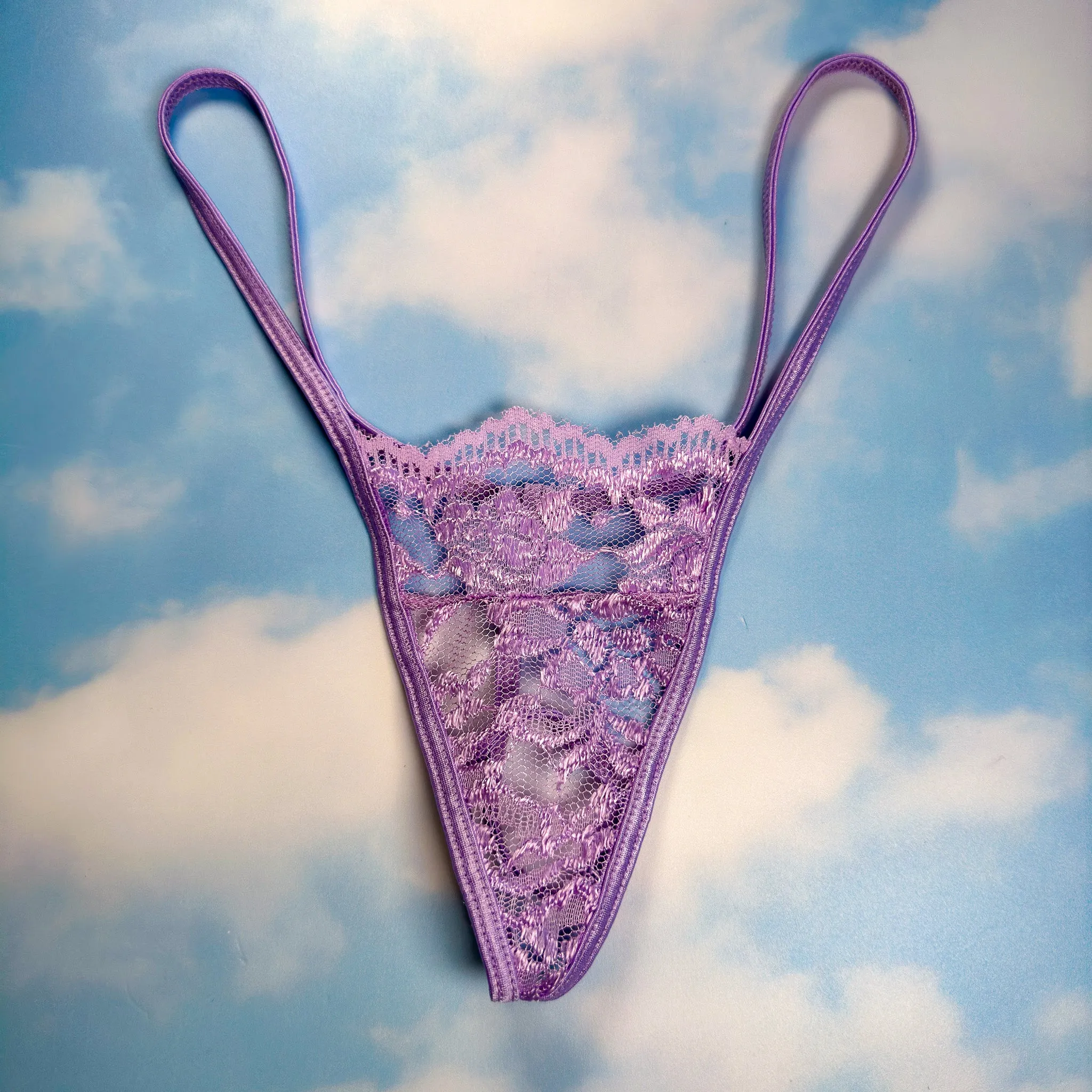 90's Skimpy Sheer G-String Thong Panty | Pastel Lilac Lace