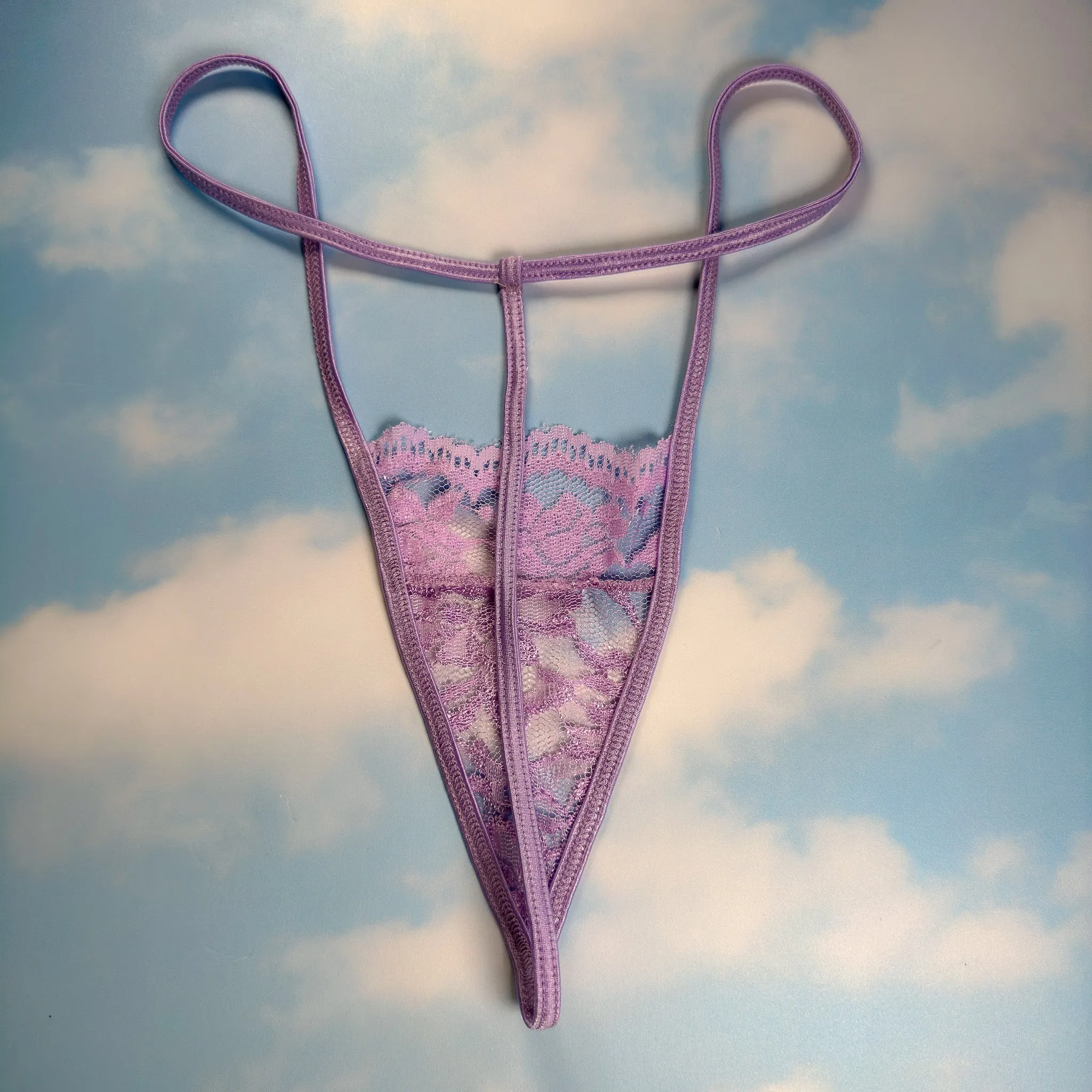90's Skimpy Sheer G-String Thong Panty | Pastel Lilac Lace