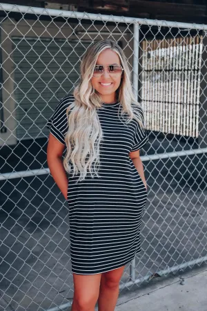 All Day Pocketed T-Shirt Dress - Black/White