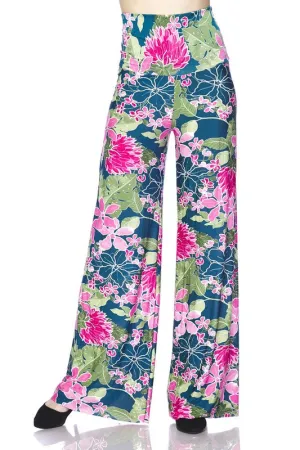 Bright Tropical Flower Palazzo Pants - Teal Fuchsia