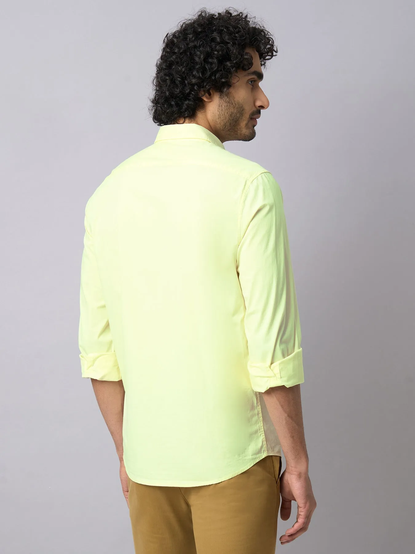 Cotton Stretch Lime Yellow Plain Slim Fit Full Sleeve Casual Shirt