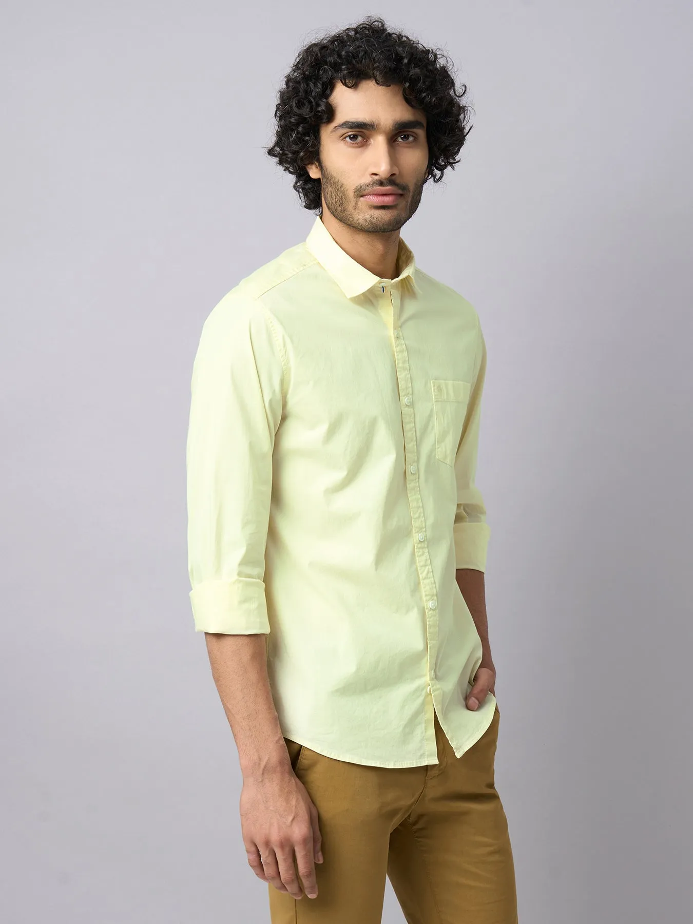 Cotton Stretch Lime Yellow Plain Slim Fit Full Sleeve Casual Shirt