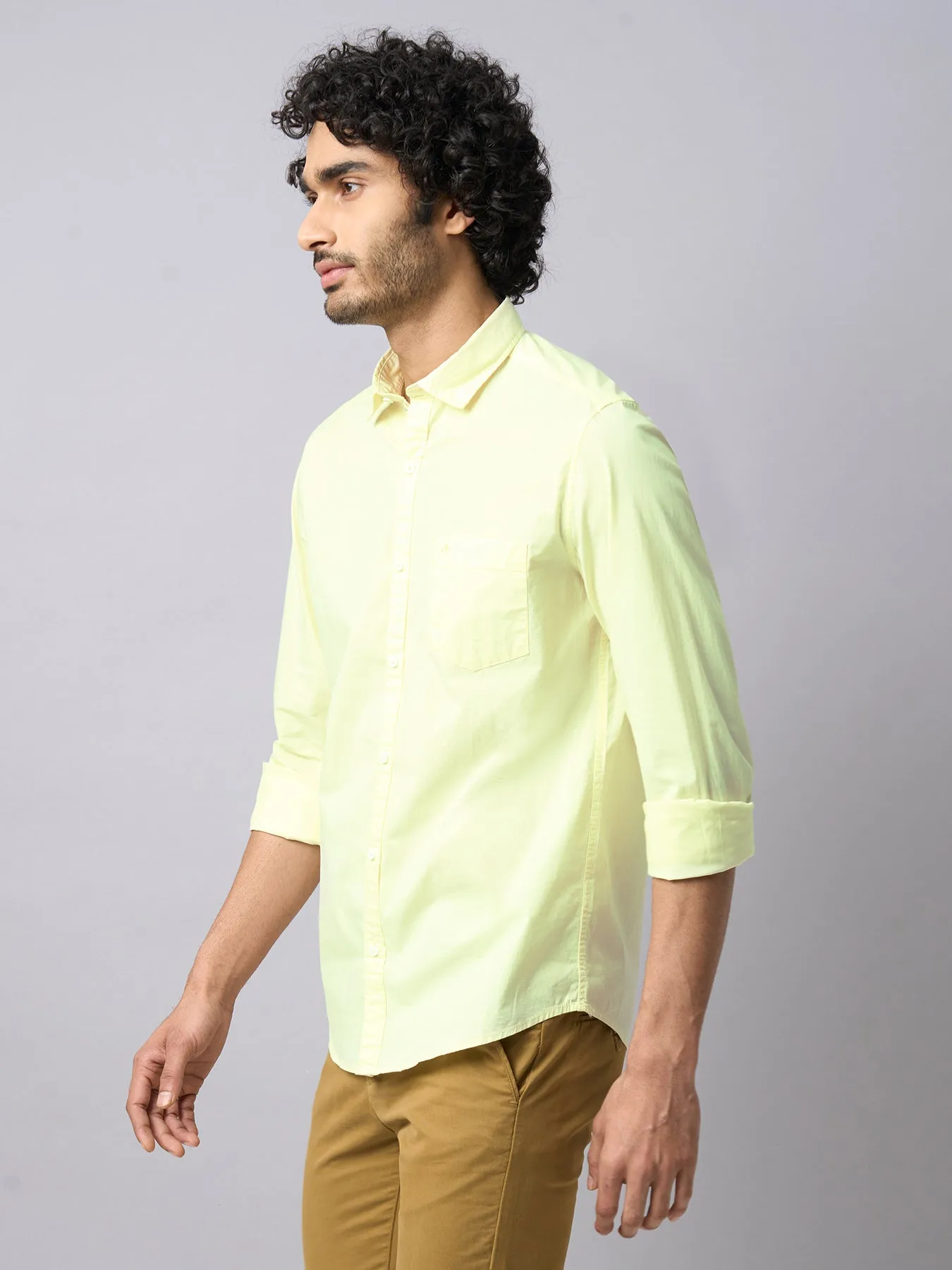 Cotton Stretch Lime Yellow Plain Slim Fit Full Sleeve Casual Shirt