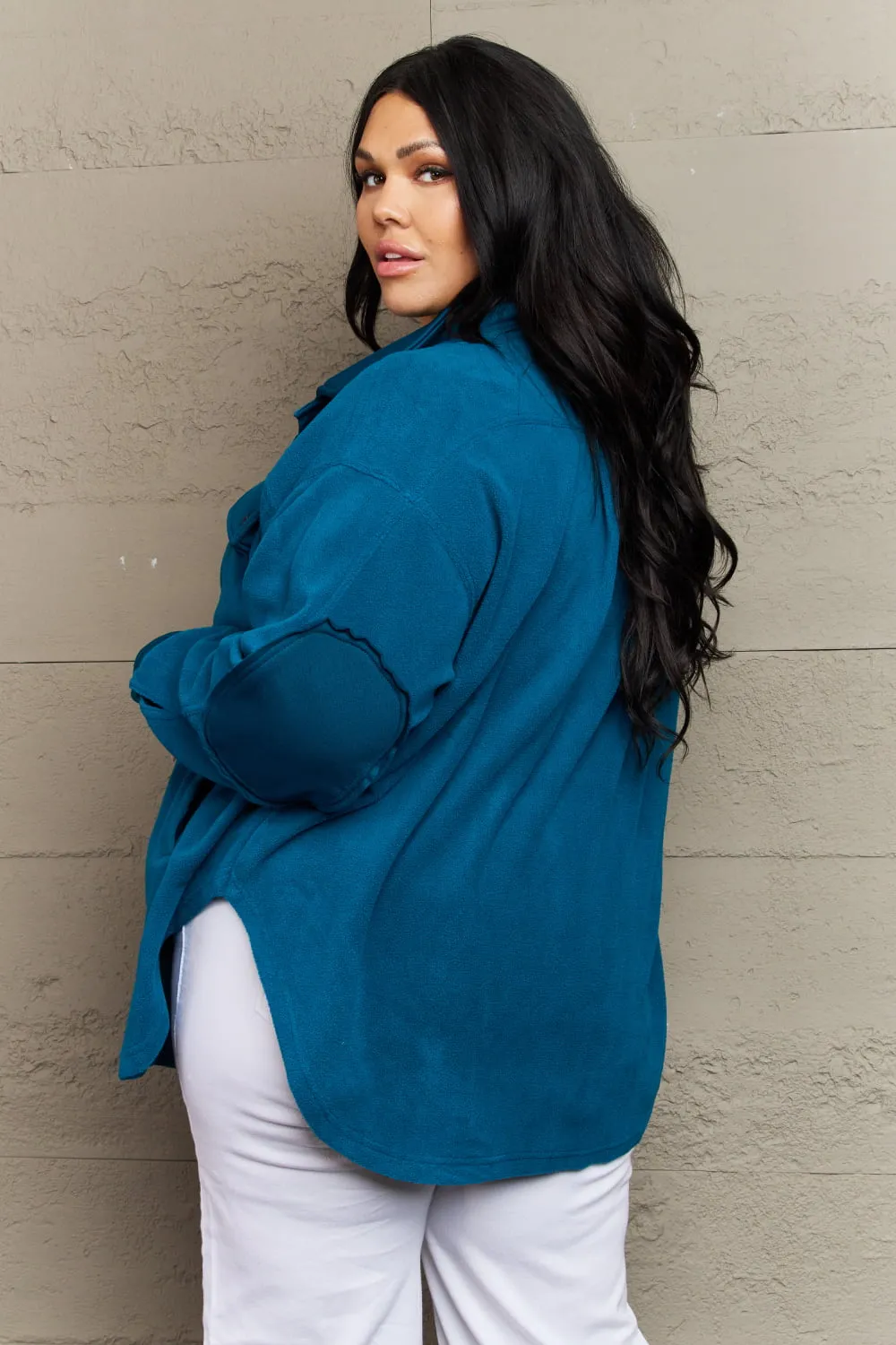 Cozy in the Cabin Elbow Patch Shacket in Teal
