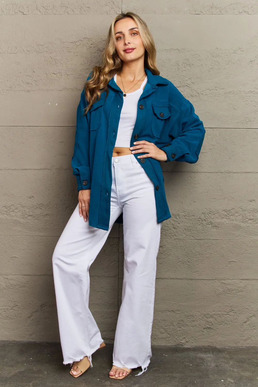 Cozy in the Cabin Elbow Patch Shacket in Teal