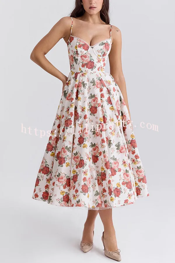 Fairy Tale Gorgeous Italian Rose Print Tulle Pocketed Slip Midi Dress
