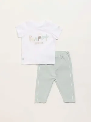 HOP Baby White Embroidered T-Shirt with Pants Set