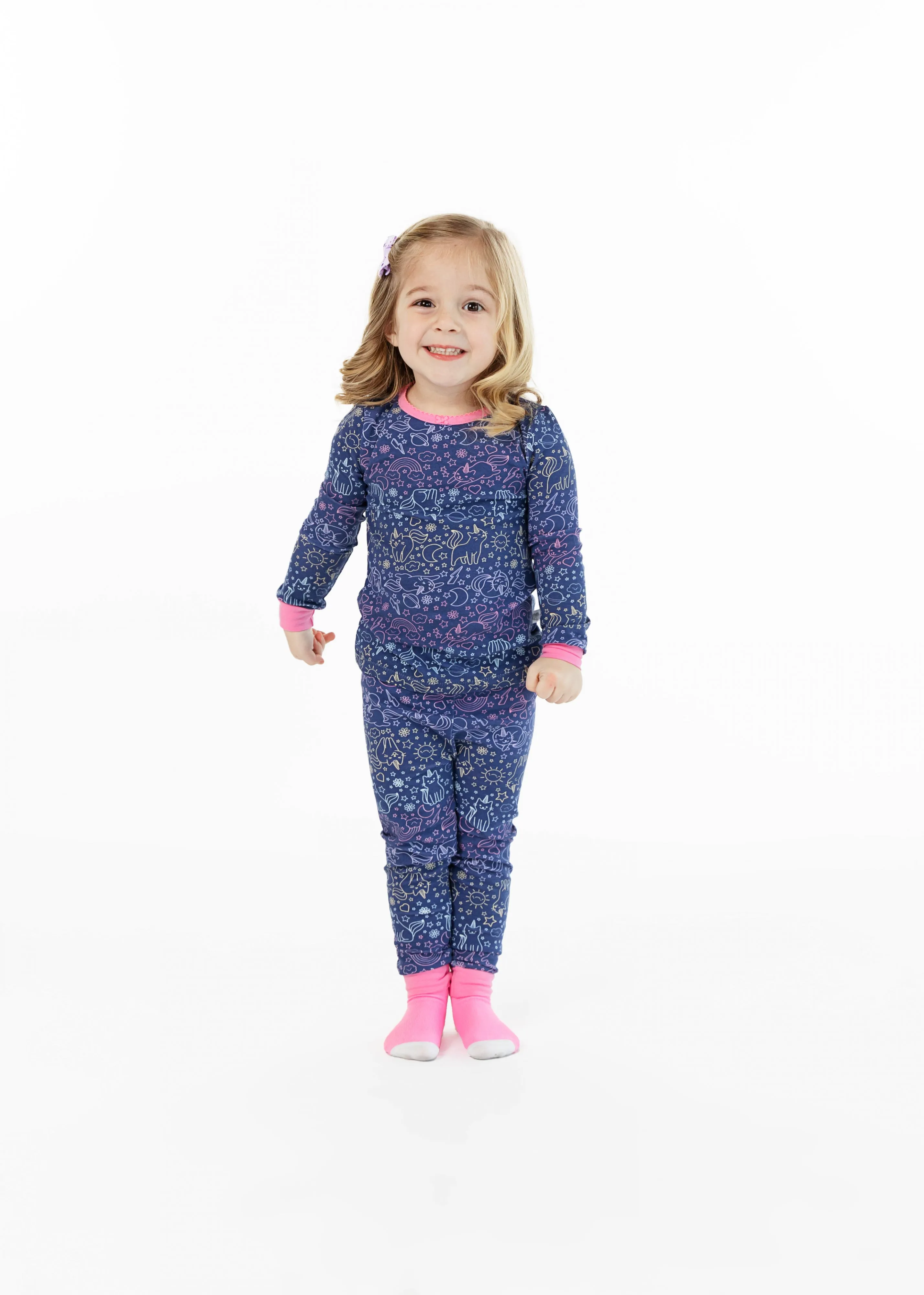 Infant/Toddler Girls Unicorn Kitty Snug Fit 2-Piece Pajama Sleep Set With Matching Socks