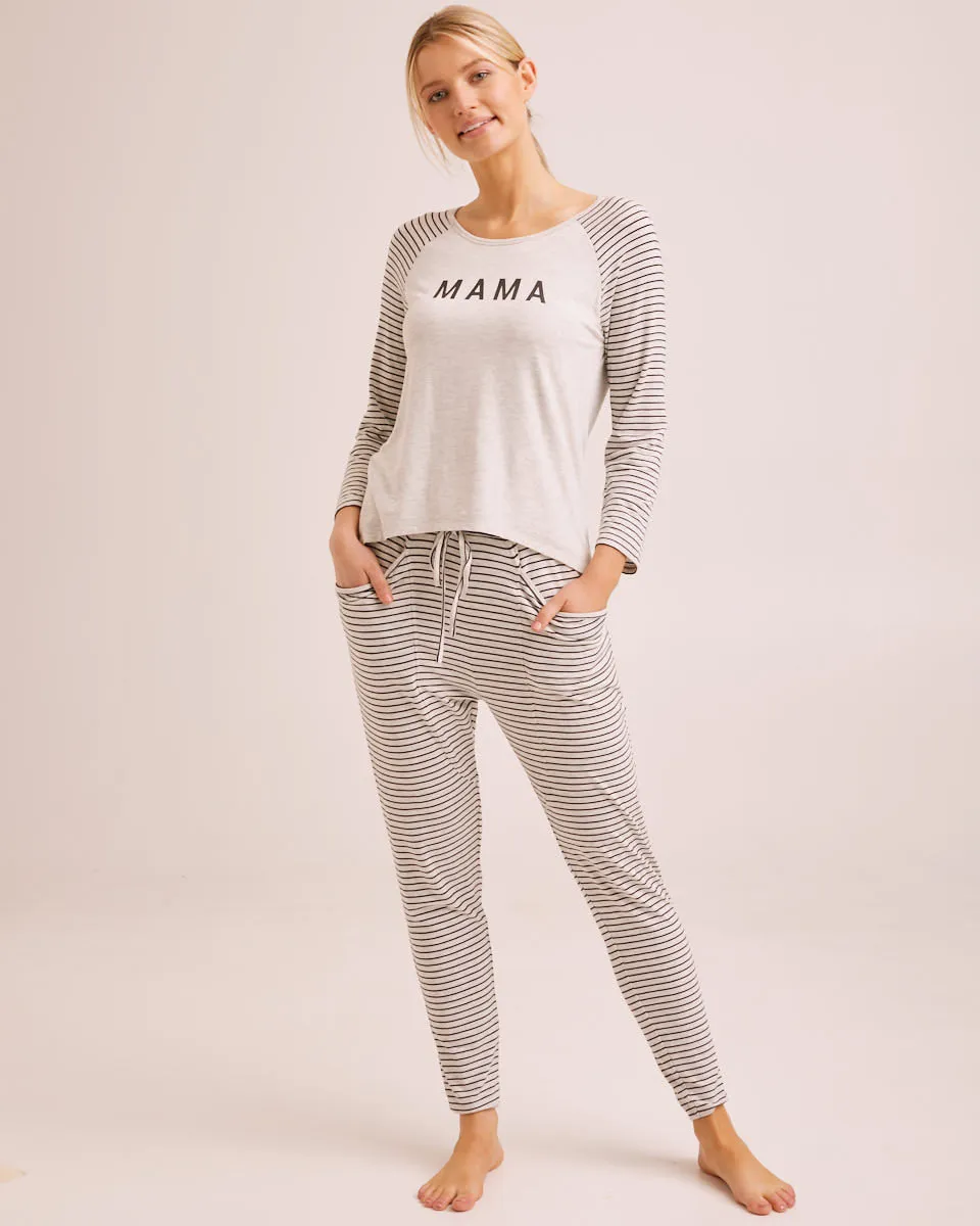 Mama Nursing Pyjamas - Black/Oatmeal Stripe