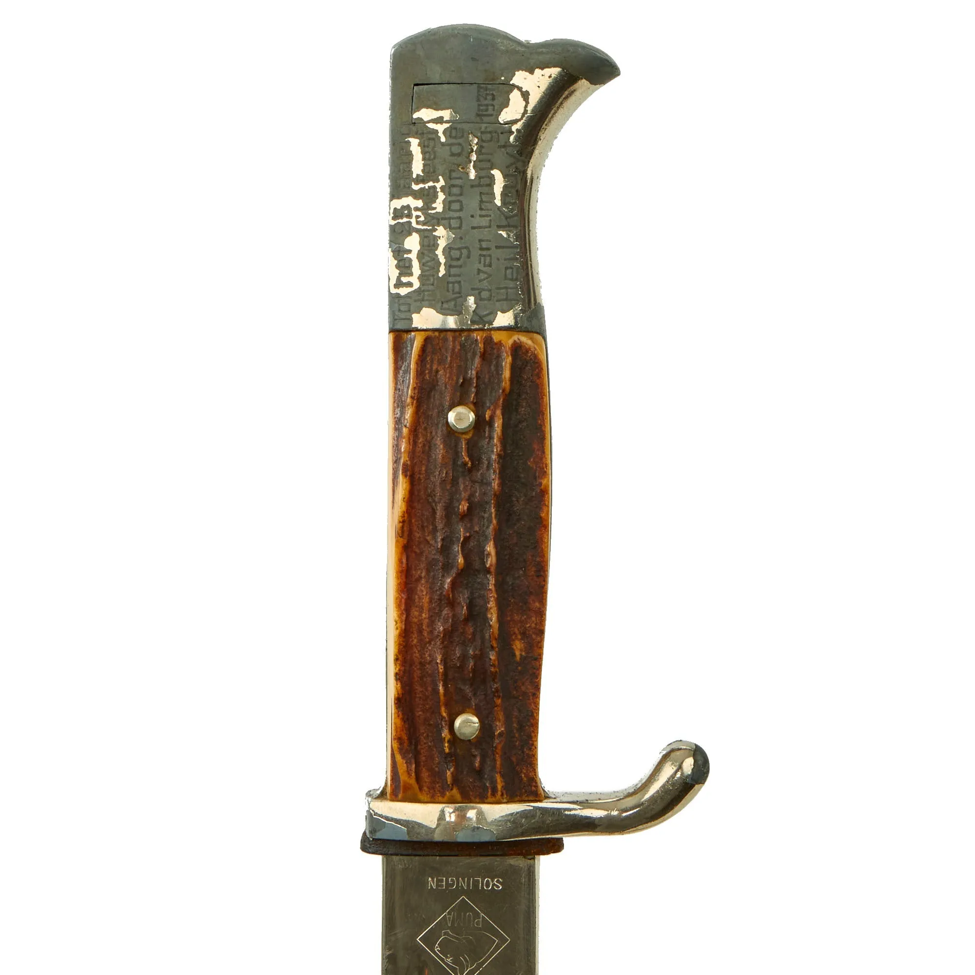 Original German WWII Stag Handled Long 98k Dress Bayonet by PUMA with Dutch NSNAP Inscription Dated 1937 with Scabbard