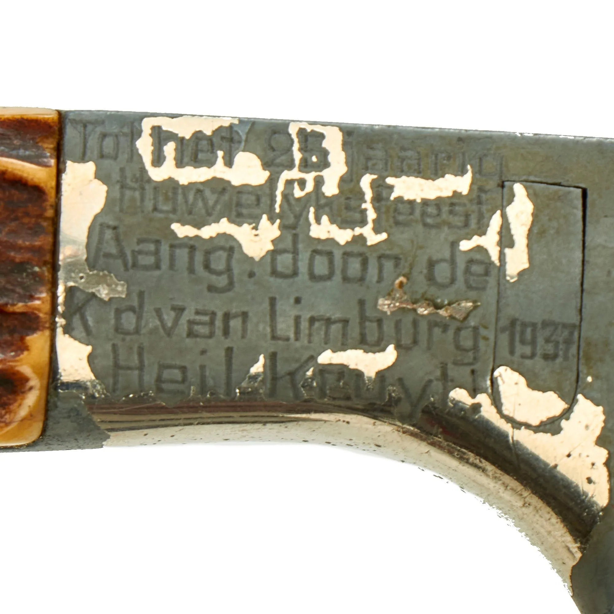 Original German WWII Stag Handled Long 98k Dress Bayonet by PUMA with Dutch NSNAP Inscription Dated 1937 with Scabbard
