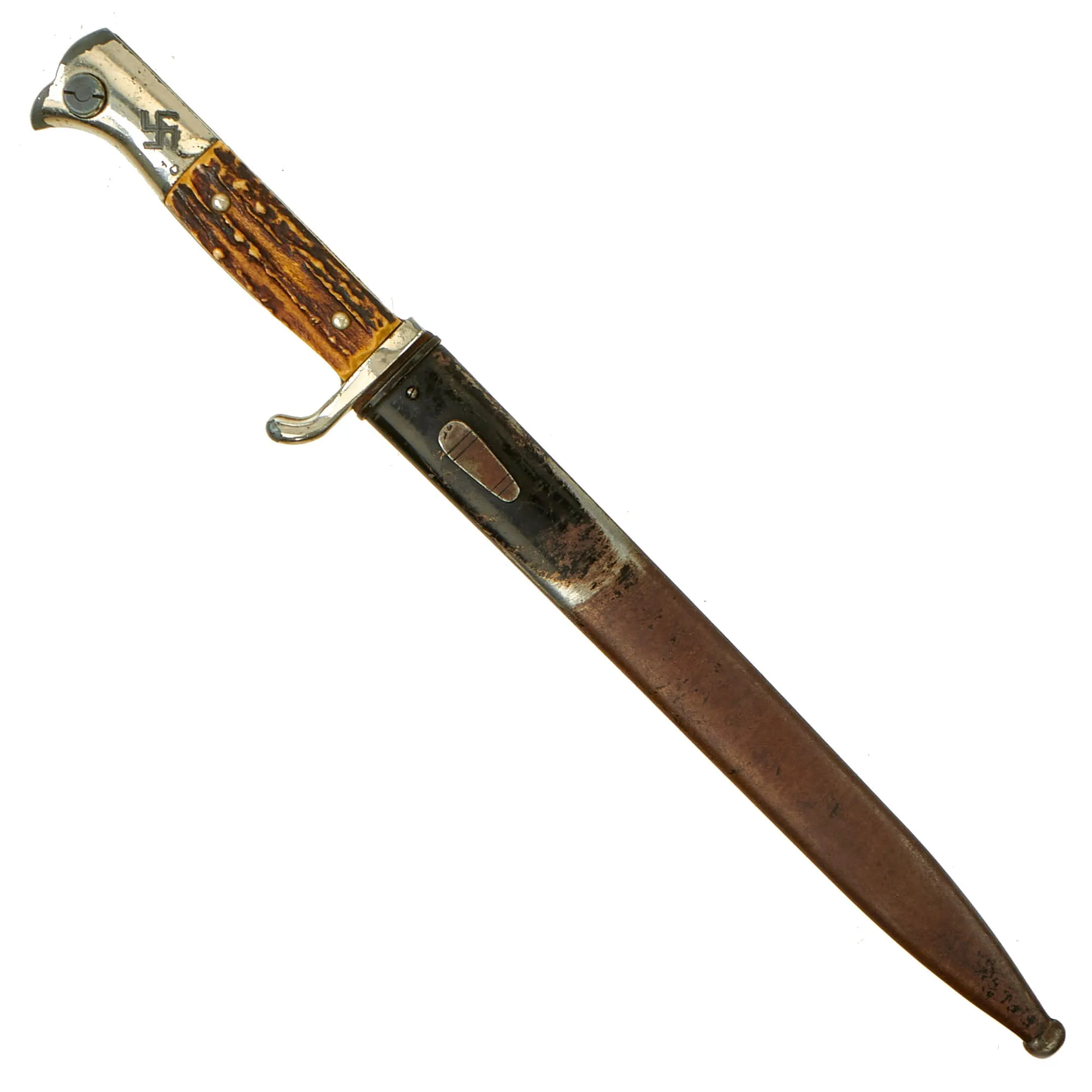 Original German WWII Stag Handled Long 98k Dress Bayonet by PUMA with Dutch NSNAP Inscription Dated 1937 with Scabbard