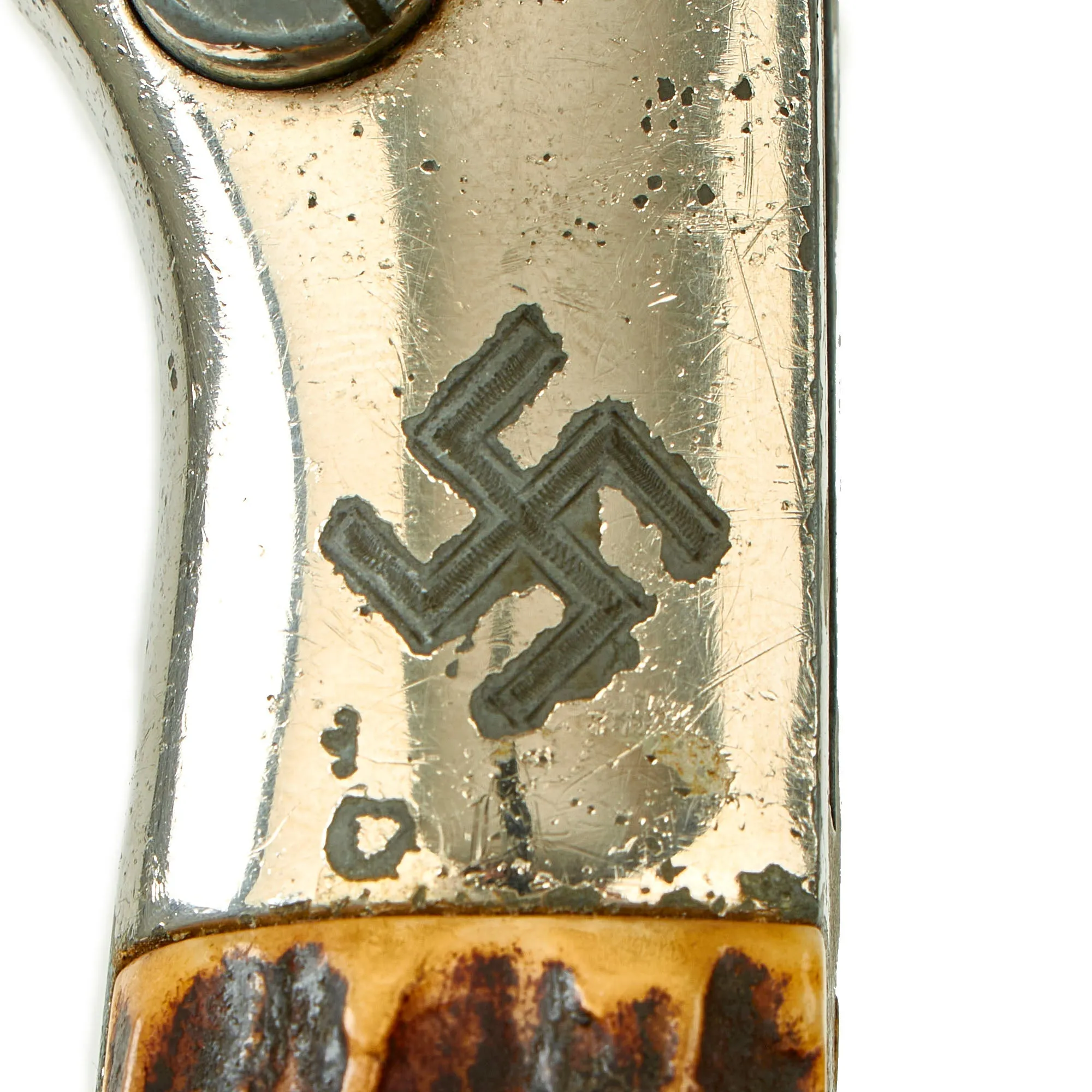 Original German WWII Stag Handled Long 98k Dress Bayonet by PUMA with Dutch NSNAP Inscription Dated 1937 with Scabbard