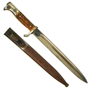 Original German WWII Stag Handled Long 98k Dress Bayonet by PUMA with Dutch NSNAP Inscription Dated 1937 with Scabbard