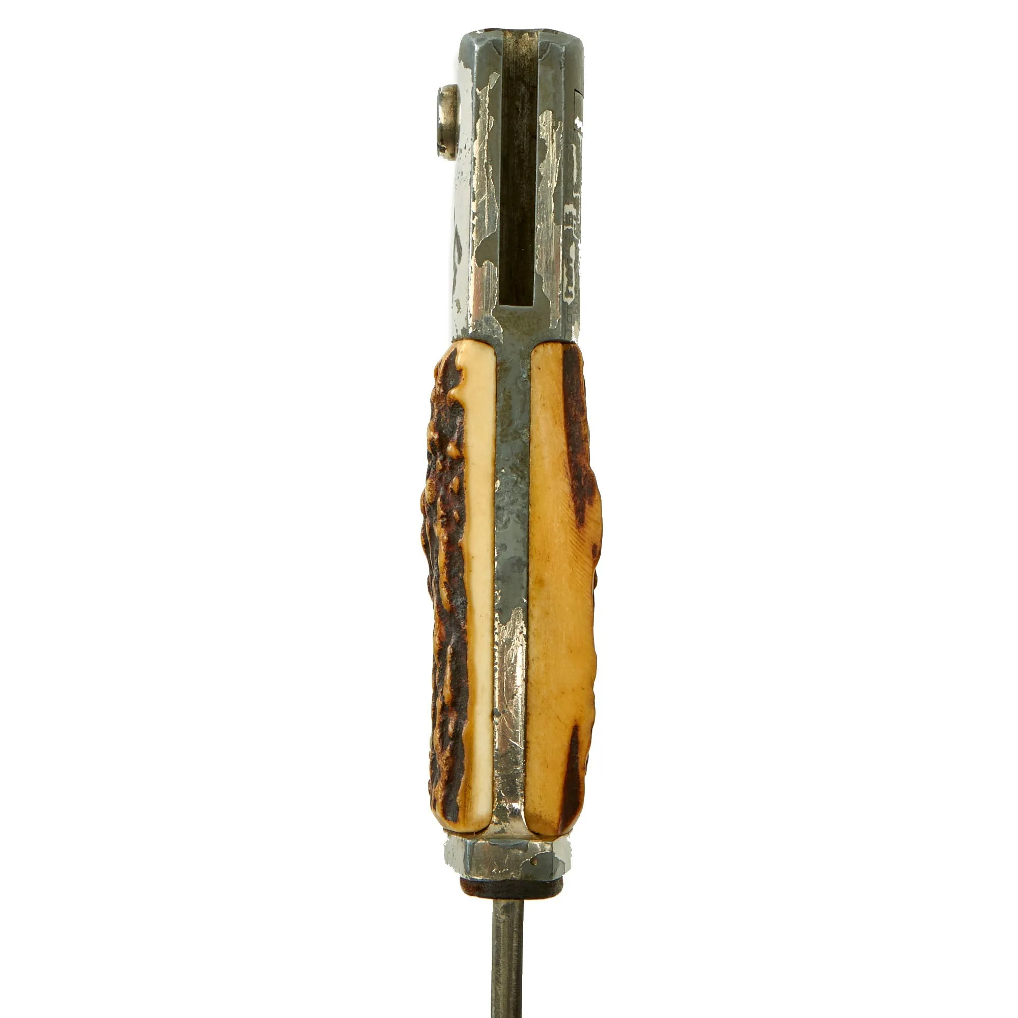 Original German WWII Stag Handled Long 98k Dress Bayonet by PUMA with Dutch NSNAP Inscription Dated 1937 with Scabbard