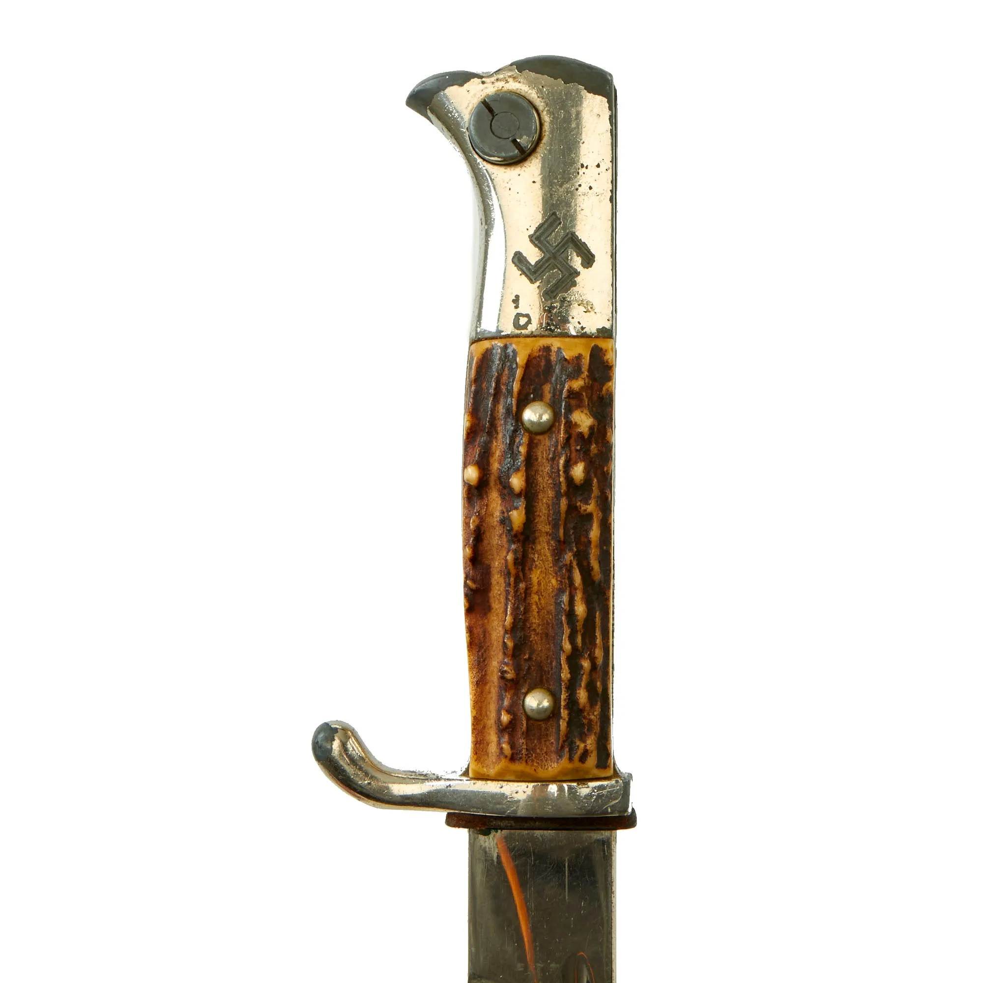 Original German WWII Stag Handled Long 98k Dress Bayonet by PUMA with Dutch NSNAP Inscription Dated 1937 with Scabbard