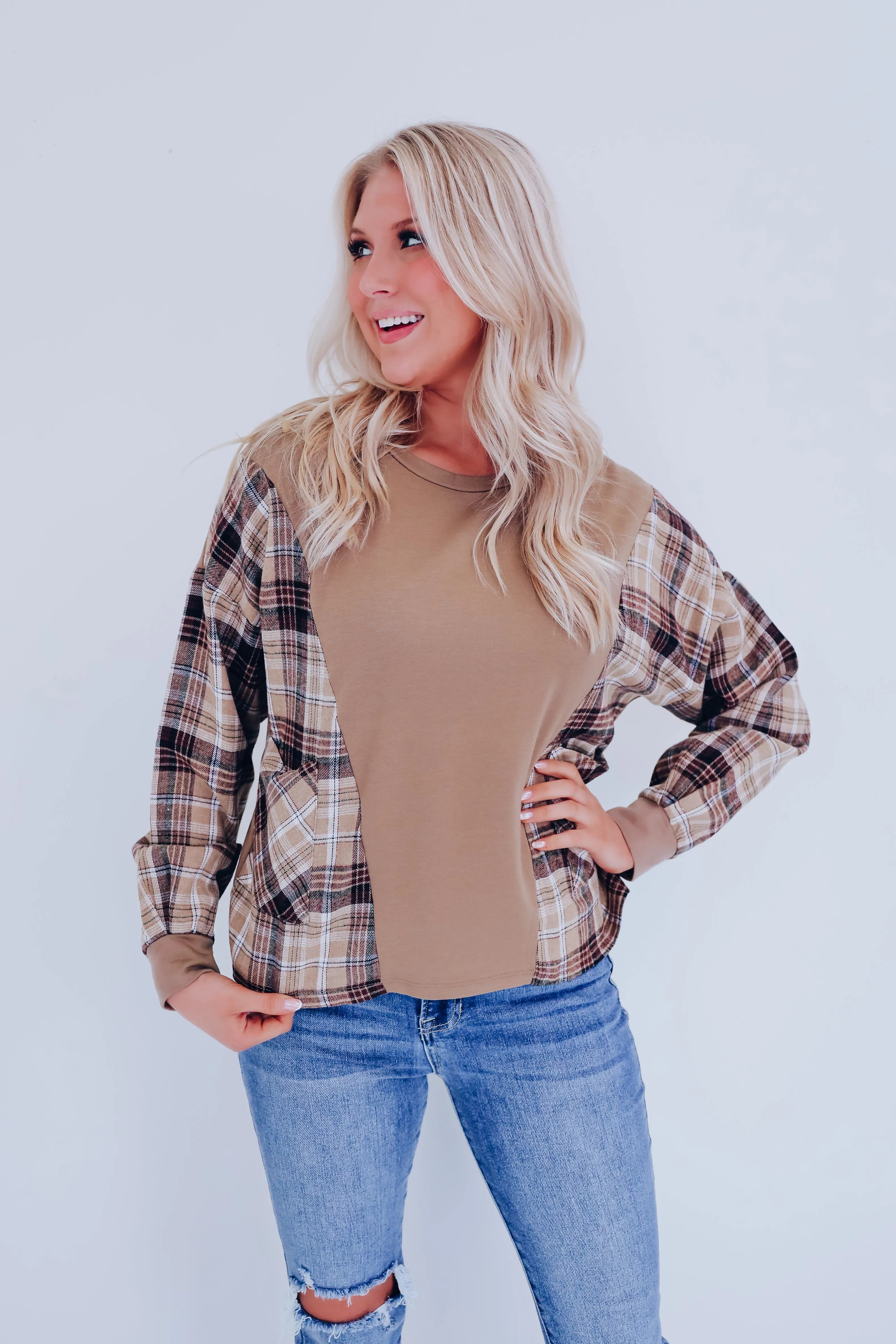 Peyton Plaid Pocketed Top - Brown