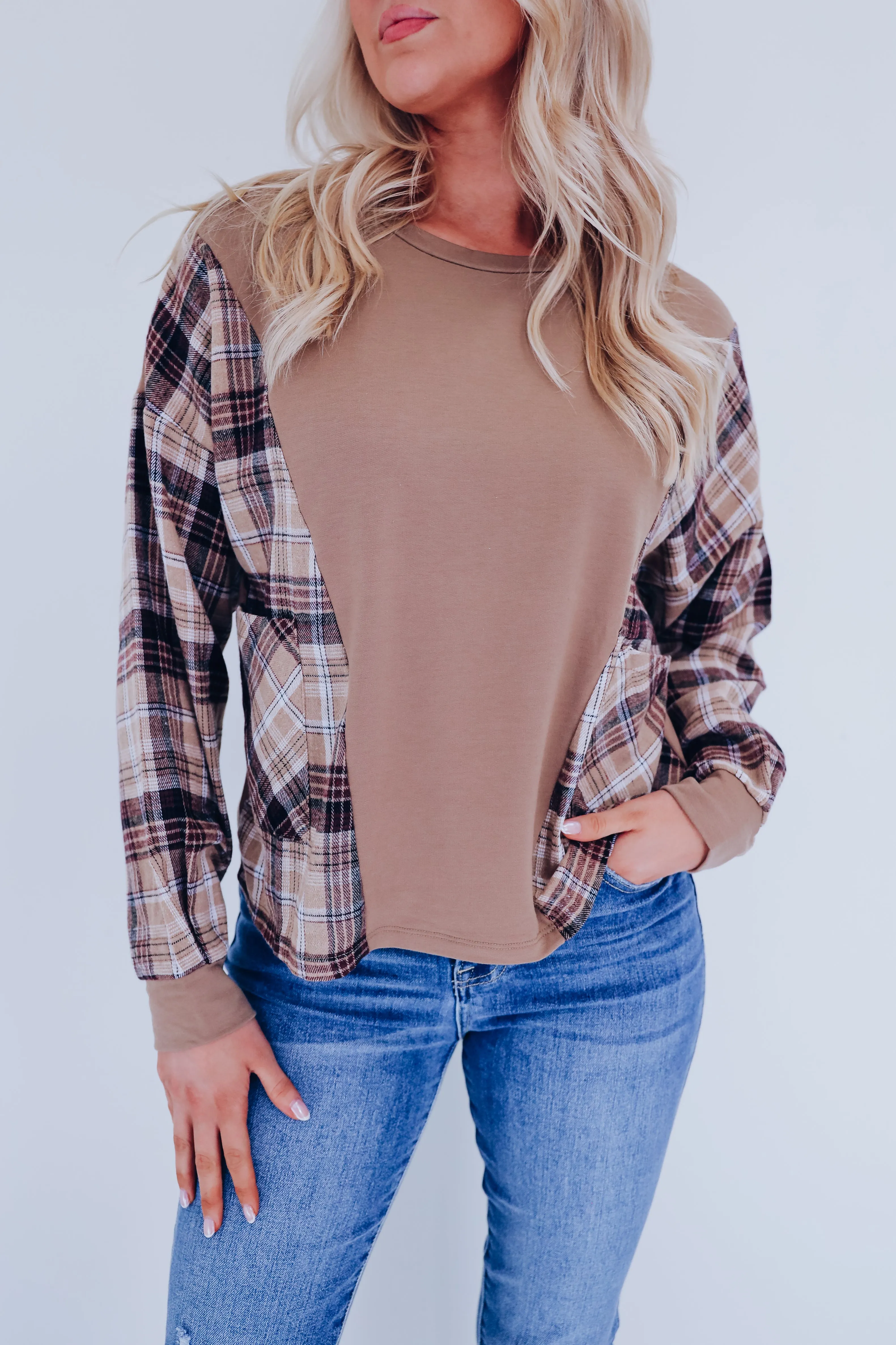 Peyton Plaid Pocketed Top - Brown