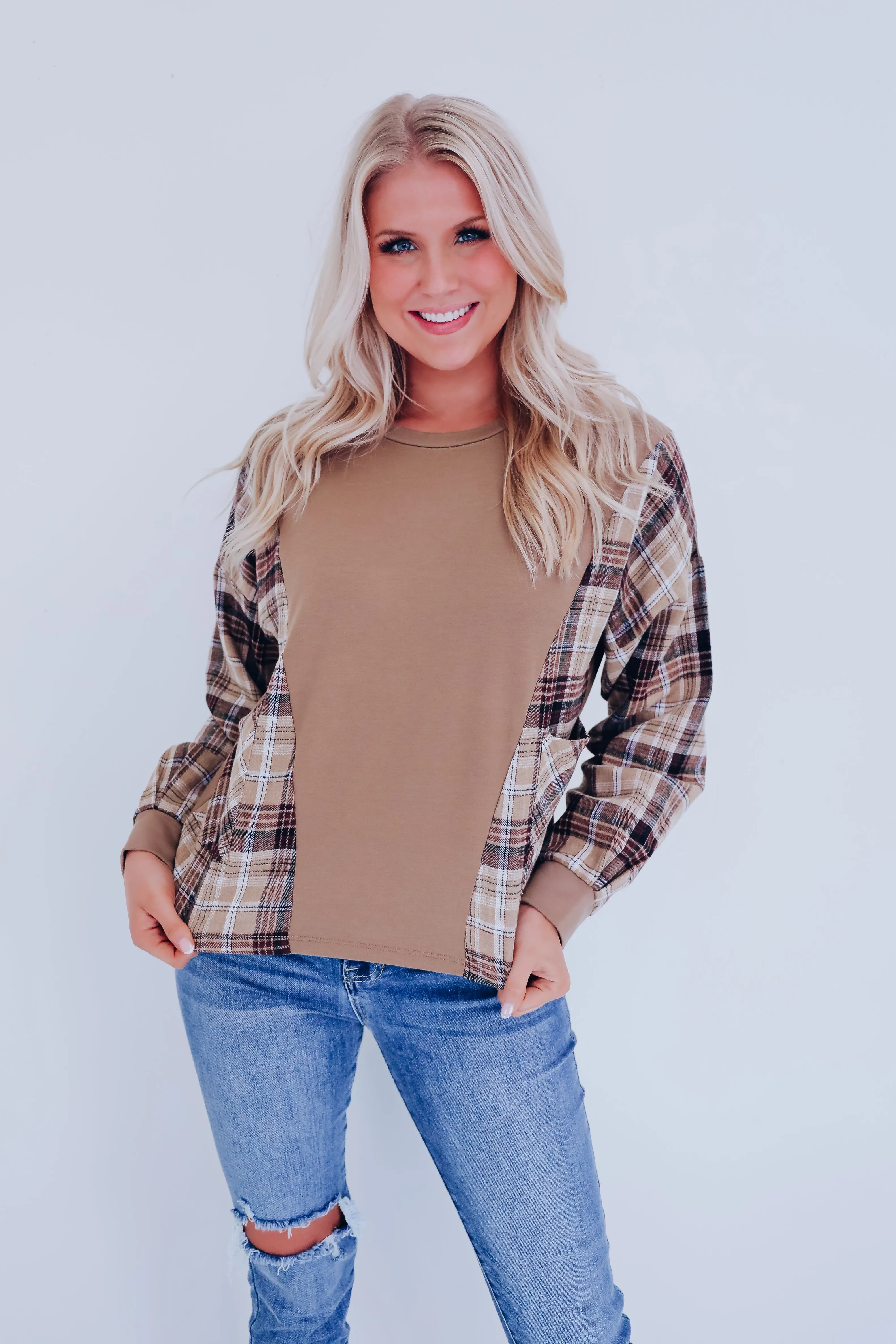 Peyton Plaid Pocketed Top - Brown