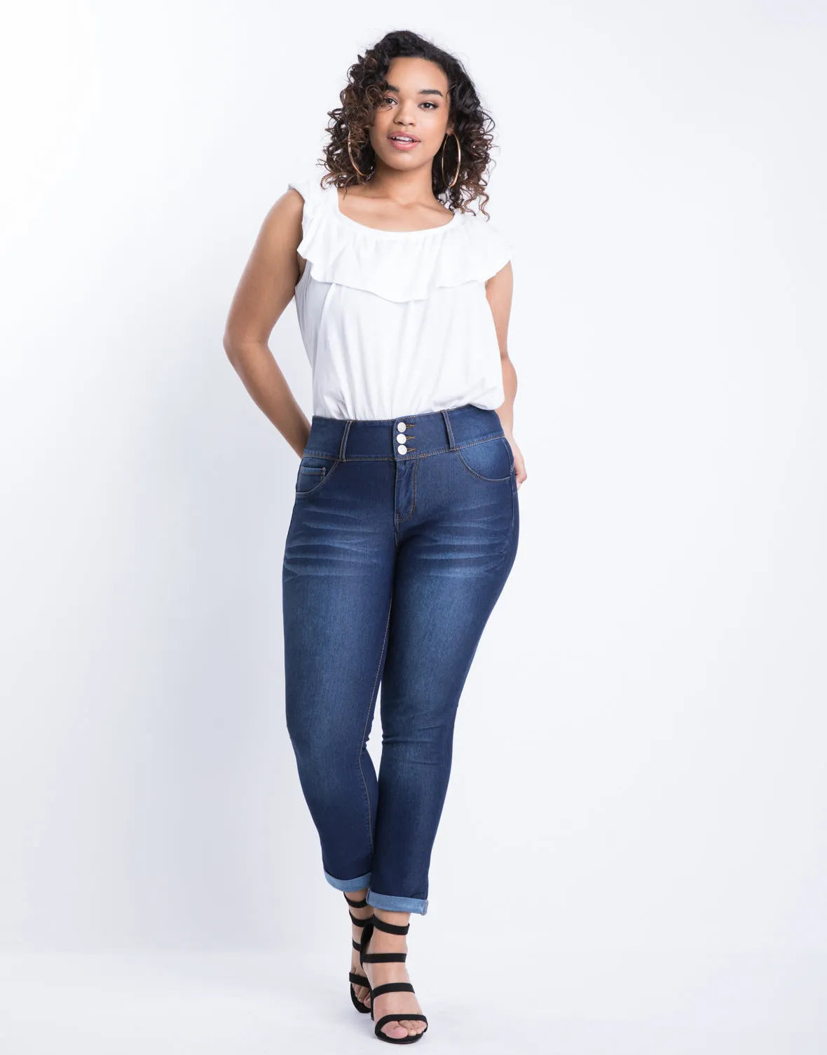 Plus Size Buttoned Up Cuffed Skinny Jeans
