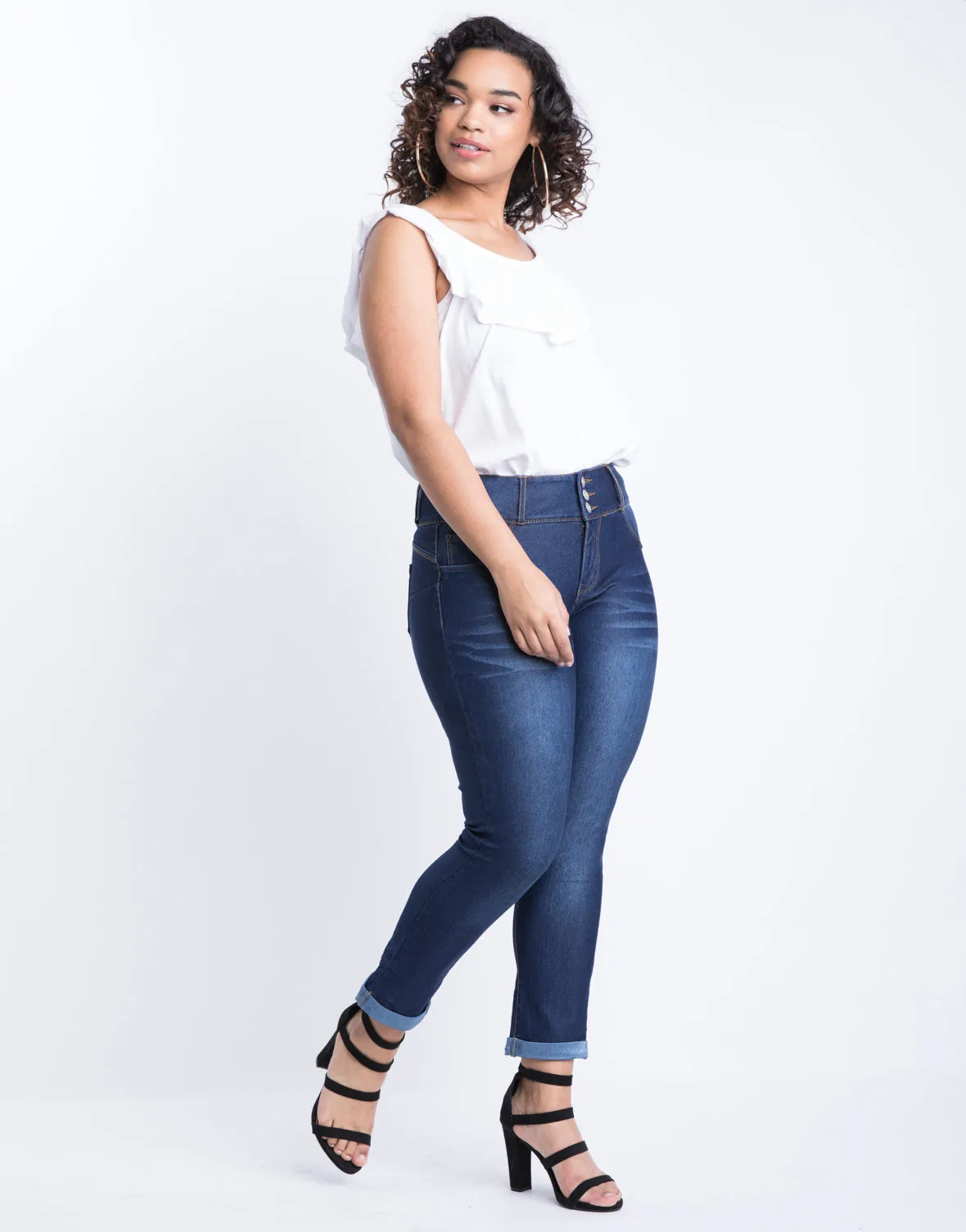 Plus Size Buttoned Up Cuffed Skinny Jeans