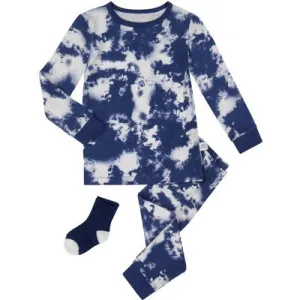 Sleep On It Infant Boys 2-Piece Super Soft Jersey Snug-Fit Pajama Set with Matching Socks - Tie-Dye Clouds - Navy, 18M