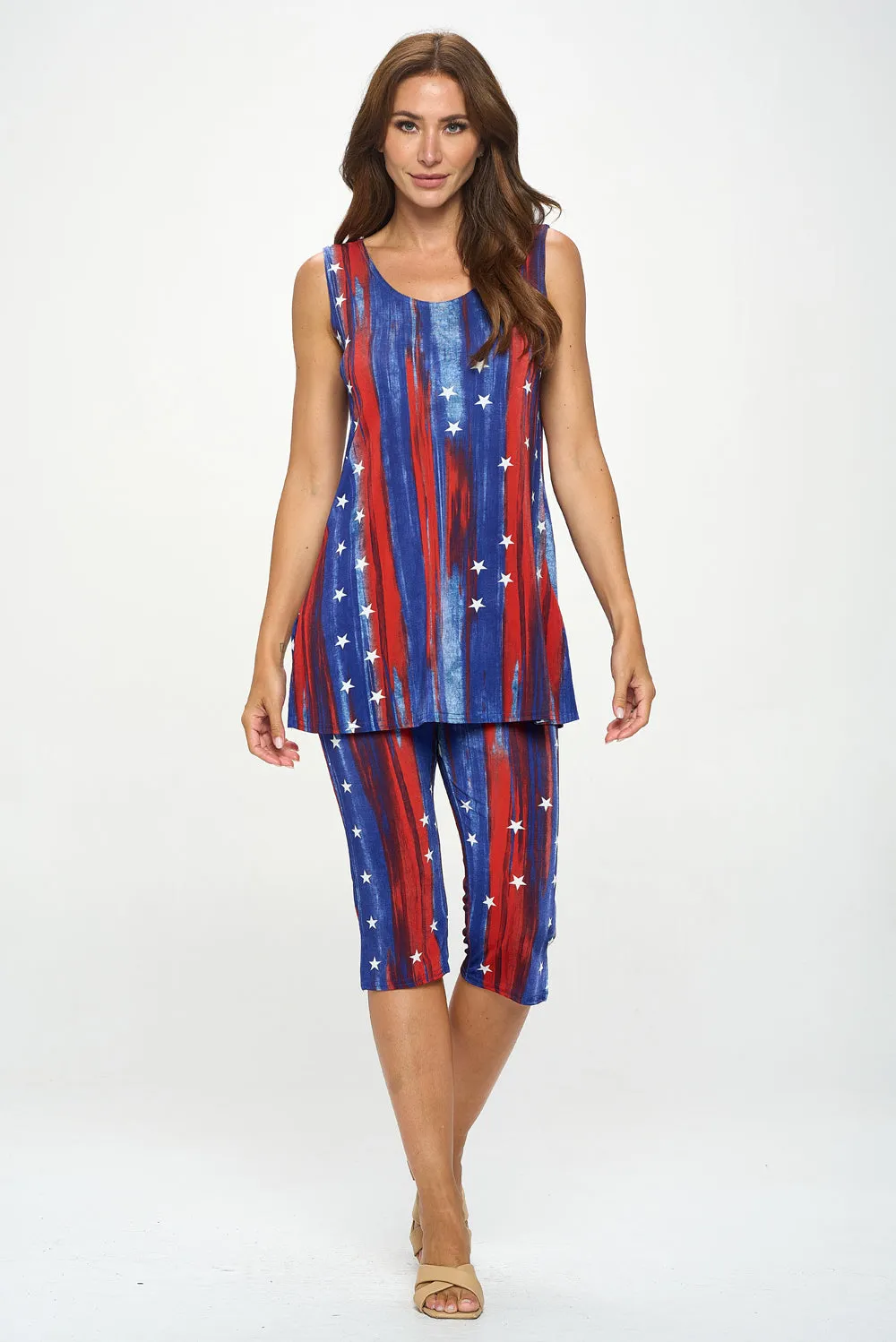 Stretchy Tank Capri Pant Set Print-9002BN-TRD1-D005