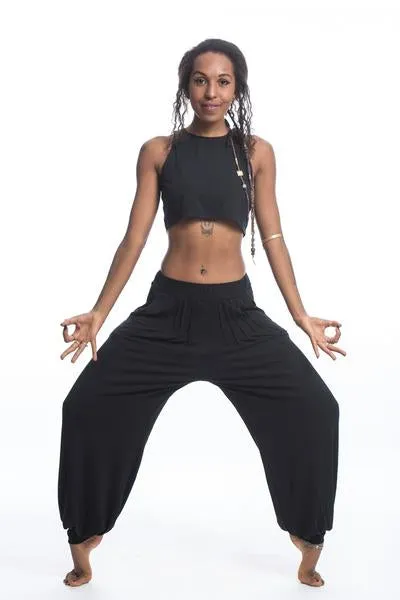 Unisex Solid Color Cotton Harem Pants in Black