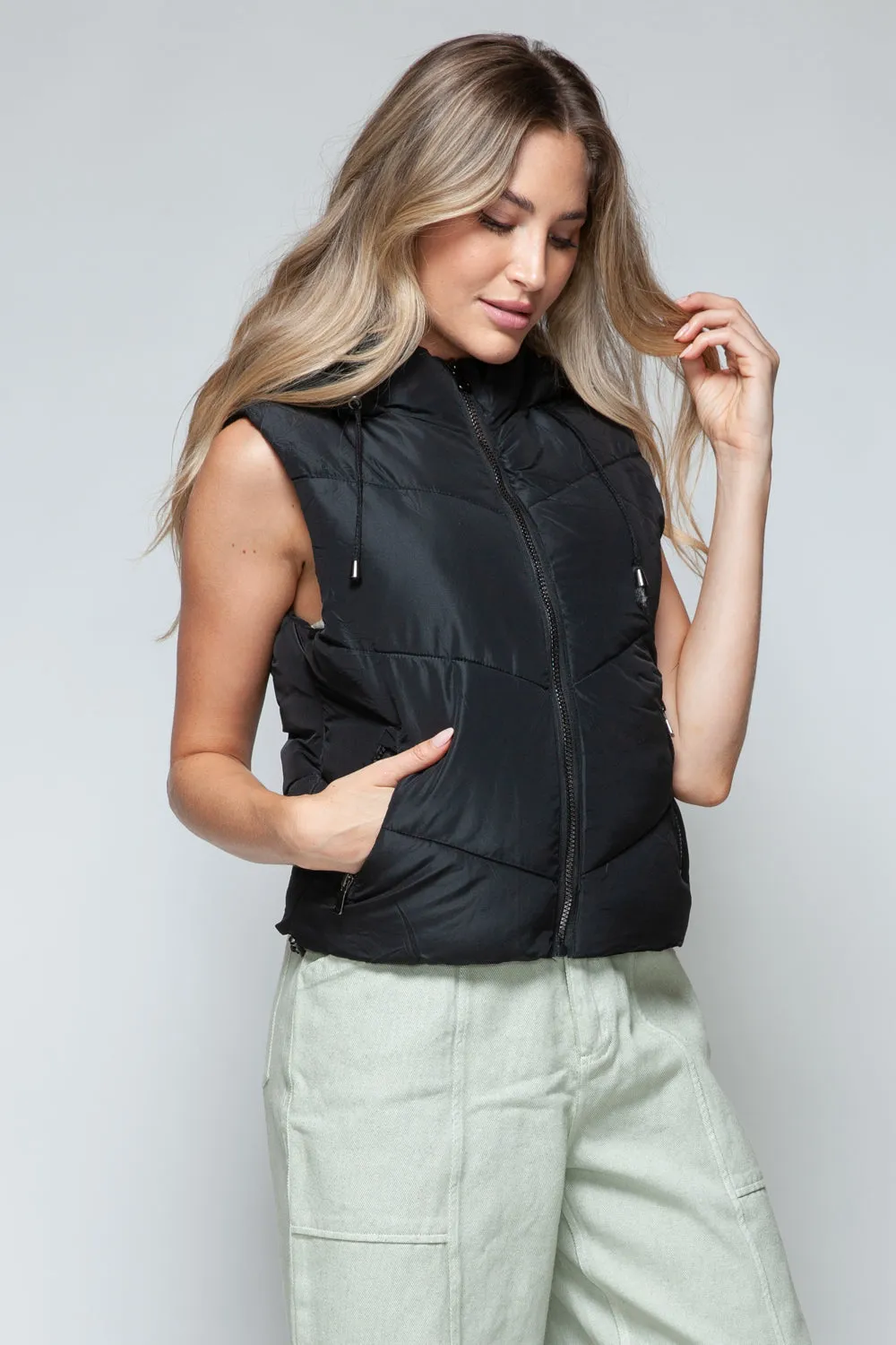 Zip Up Quilted Hooded Vest | Black